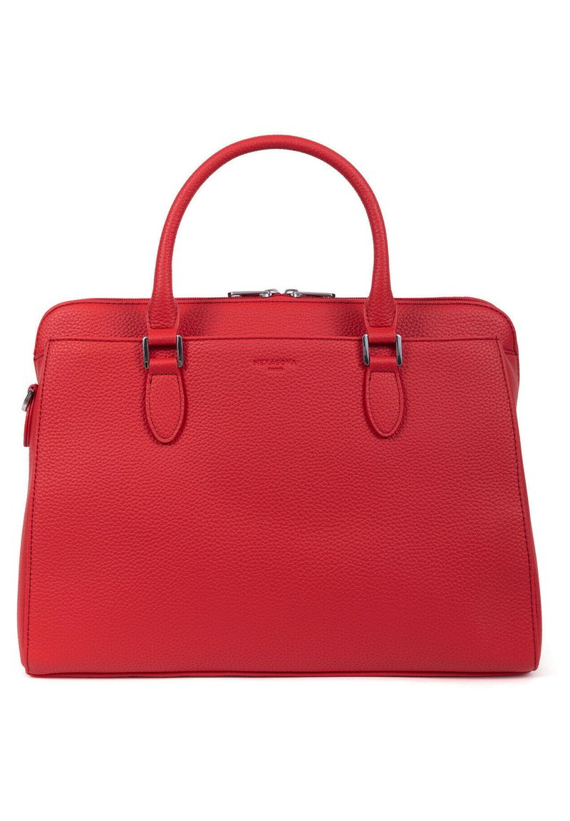 Borsa a mano rossa strutturata in pelle testurizzata con due manici e dettagli in metallo. Dotata di chiusura a zip e branding minimale.