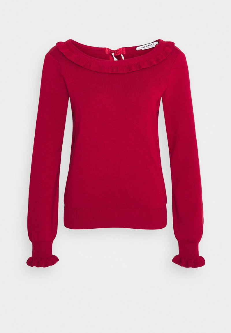 Red sweater with long sleeves, featuring a ruffled neckline and cuffs. Made of soft material, it has a smooth texture and a fitted design.