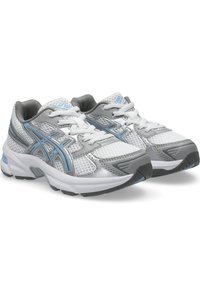 Gray and white athletic shoes with mesh and synthetic materials. Features blue accents, lacing system, and a cushioned sole for support.