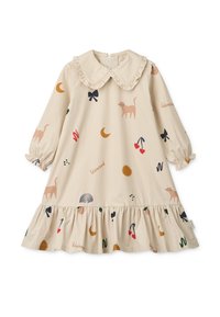 Abito beige con maniche lunghe e colletto arricciato. Presenta motivi colorati di gatti, fiocchi, lune e frutta. Orlo arricciato.