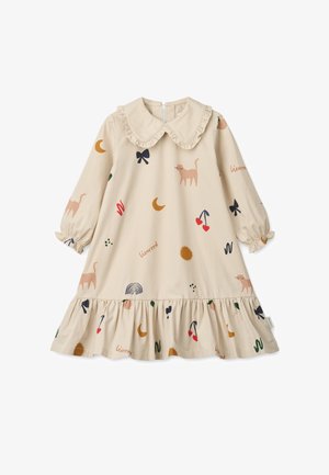 Abito beige con maniche lunghe e colletto arricciato. Presenta motivi colorati di gatti, fiocchi, lune e frutta. Orlo arricciato.