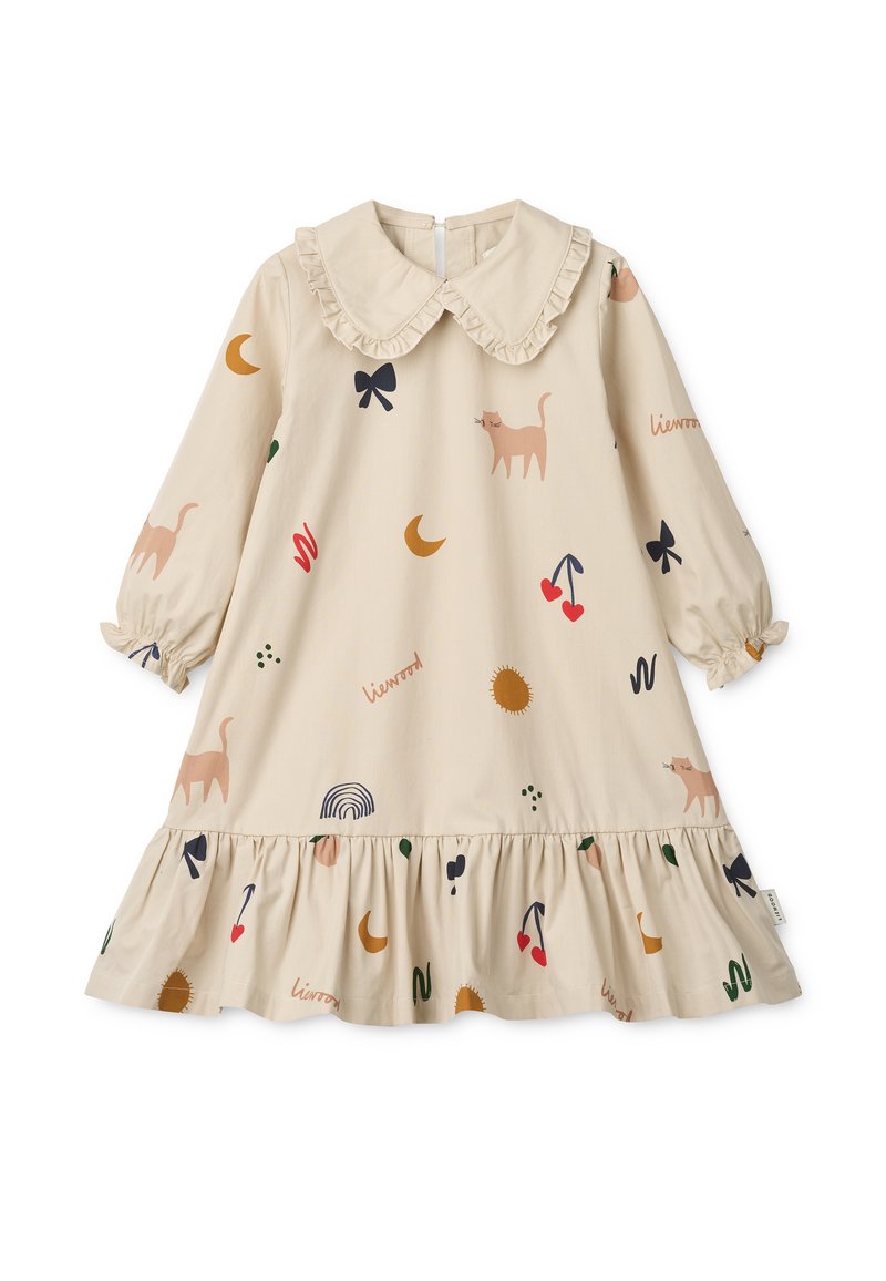 Bežna obleka z dolgimi rokavi in nabranim ovratnikom. Vsebuje pisane vzorce mačk, pentelj, lune in sadja. Nabran rob.