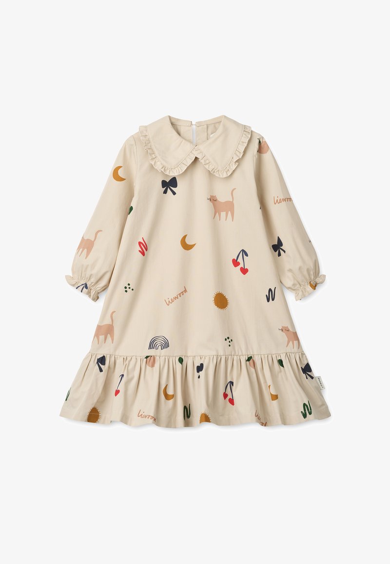 Bežna obleka z dolgimi rokavi in nabranim ovratnikom. Vsebuje pisane vzorce mačk, pentelj, lune in sadja. Nabran rob.