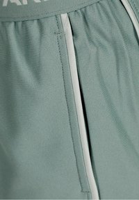 Helle grüne Sportshorts bestehen aus einem strukturierten Stoff, haben einen elastischen Bund und einen weißen seitlichen Streifen entlang der Taschen.