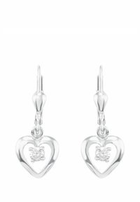Pendientes de plata en forma de corazón, con una piedra clara central, que presentan un diseño de bucle y cierre de palanca. Acabado suave y pulido.
