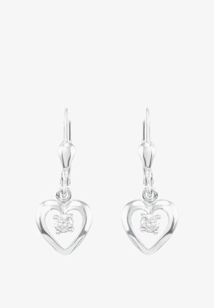 Pendientes de plata en forma de corazón, con una piedra clara central, que presentan un diseño de bucle y cierre de palanca. Acabado suave y pulido.