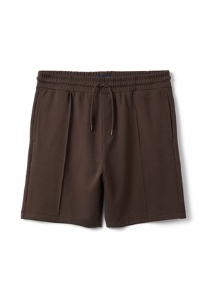 Braune Shorts mittlerer Länge mit elastischem Bund, Kordelzug, Seitentaschen und vorne sichtbaren Nähten auf weißem Hintergrund.