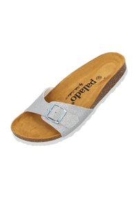 Silver slide sandal with a textured strap, adjustable buckle, and cork footbed. White sole with subtle grip pattern. Lightweight design.