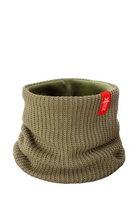 Olive green knitted neck warmer with a ribbed texture, lined with soft fleece, featuring a small red brand tag on the side.