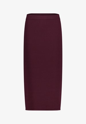 Jupe crayon bordeaux longueur genou en tissu extensible, présentant une texture lisse et une ceinture étroite pour une silhouette ajustée.