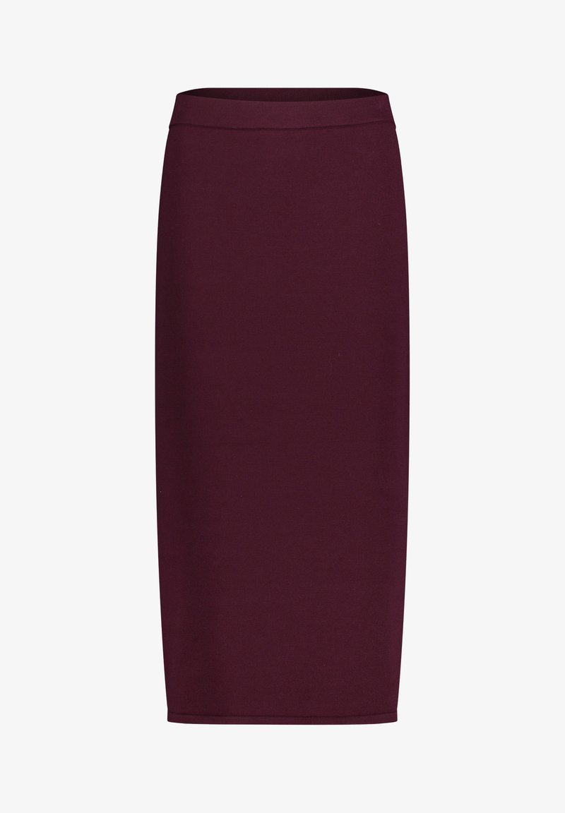 Jupe crayon bordeaux longueur genou en tissu extensible, présentant une texture lisse et une ceinture étroite pour une silhouette ajustée.