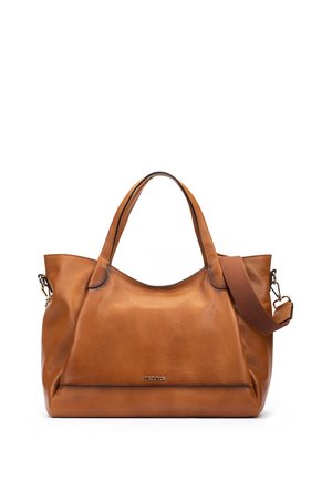 Sac fourre-tout en cuir marron avec doubles poignées et bandoulière amovible, forme rectangulaire structurée, logo de la marque visible à l'avant.