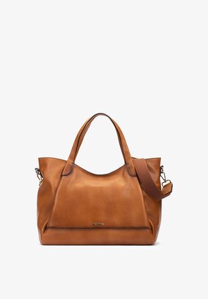 Sac fourre-tout en cuir marron avec doubles poignées et bandoulière amovible, forme rectangulaire structurée, logo de la marque visible à l'avant.