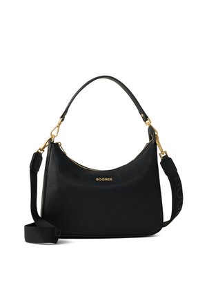 Black leather handbag with a textured finish, gold hardware, zip closure, and a detachable shoulder strap featuring a logo.