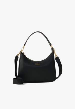 Zwarte leren handtas met een gestructureerde afwerking, gouden hardware, ritssluiting en een afneembare schouderband met een logo.