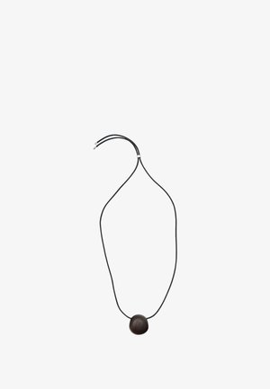 Black cord necklace featuring a rounded, dark brown wooden bead as the central pendant, showcasing a smooth texture and minimalist design.