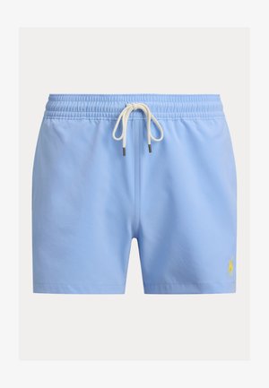 Hele sinised ujumispüksid elastse vöökohaga ja valge nööriga, vasakul jalal väike kollane tikitud logo.