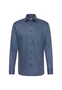 Camicia blu a maniche lunghe con un motivo geometrico, chiusura frontale con bottoni, colletto appuntito, taschino singolo sul petto e bottoni scuri abbinati.