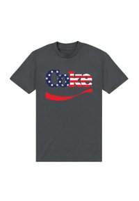 Grijze T-shirt met een 'Coke' logo, versierd met rode strepen en blauwe sterren, die doet denken aan de Amerikaanse vlag. Crew neck ontwerp, gemaakt van katoen.