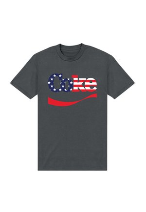 Grijze T-shirt met een 'Coke' logo, versierd met rode strepen en blauwe sterren, die doet denken aan de Amerikaanse vlag. Crew neck ontwerp, gemaakt van katoen.