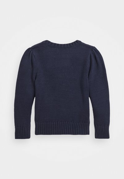 Maglione lavorato a maglia blu navy con polsini e orlo a costine, scollatura rotonda e maniche a sbuffo. Il tessuto testurizzato completa il design.