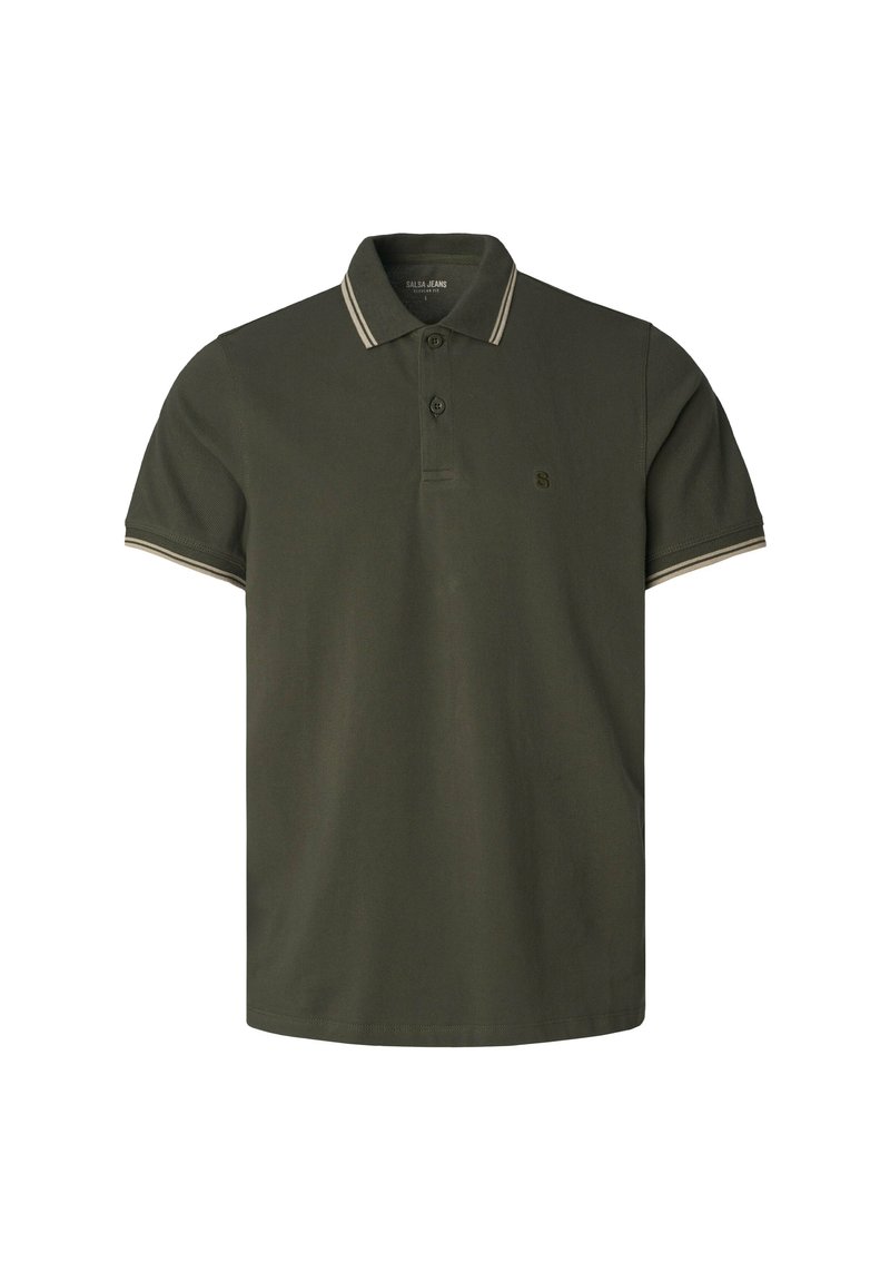 Polo de color verde oscuro en algodón con una tapeta de dos botones, cuello en contraste y rayas en las mangas. Presenta un logo sutil en el pecho.