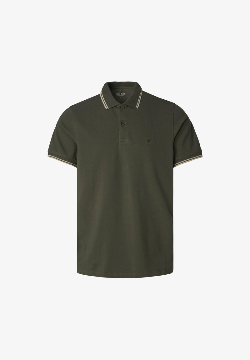 Polo de color verde oscuro en algodón con una tapeta de dos botones, cuello en contraste y rayas en las mangas. Presenta un logo sutil en el pecho.