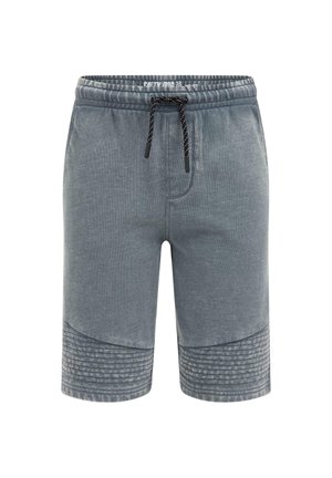 Grå afslappede shorts med ribdetaljer på underbenene, elastisk talje og en sort og hvid snor foran.