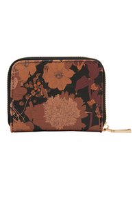 Portafoglio zip floreale con sfondo nero, caratterizzato da motivi di fiori arancioni e marroni. Il materiale è morbido con dettagli in metallo dorato.