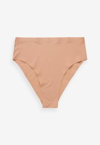 Bež bikini donji dio napravljen od glatkog, rastezljivog materijala. Ima visoki struk i minimalističke, bezšavne rubove.