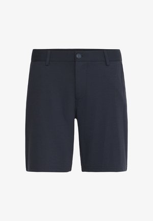 Granatowe szorty wykonane z miękkiego, elastycznego materiału. Posiadają zapięcie na guzik oraz płaski pas. Gładka tekstura i jednolity kolor bez wzorów.