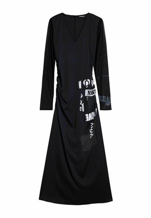 Abito nero con scollo a V, maniche lunghe in tessuto trasparente, dettagli raccolti sui lati e accenti di testo grafico in bianco e grigio. Tessuto liscio.