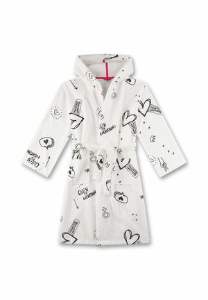 White hooded bathrobe with black heart, arrow, and text patterns including "Queen of Everything" and "Ticket to Happiness," with a waist tie and pockets.
