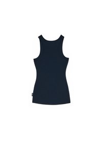 Canotta senza maniche di colore blu navy con forma aderente, realizzata in tessuto a coste. Presenta un collo rotondo e un'etichetta del marchio discreta sul lato.