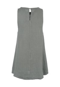 Ciemnoszara lniana bluzka bez rękawów z okrągłym dekoltem i zapięciem na guziki z tyłu. Posiada rozszerzany dół oraz subtelną fakturę.