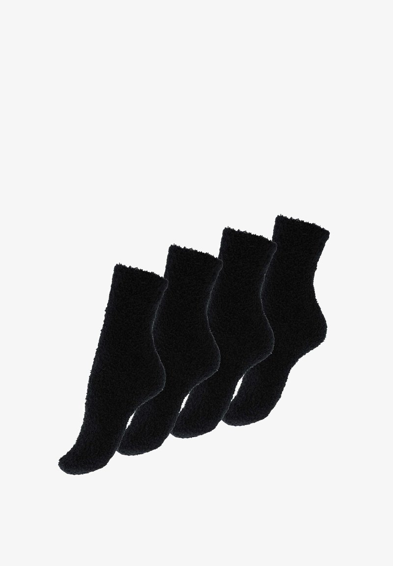 Quatre paires de chaussettes noires en fausse fourrure, avec une texture douce et des bords côtelés, conçues pour la chaleur et le confort.