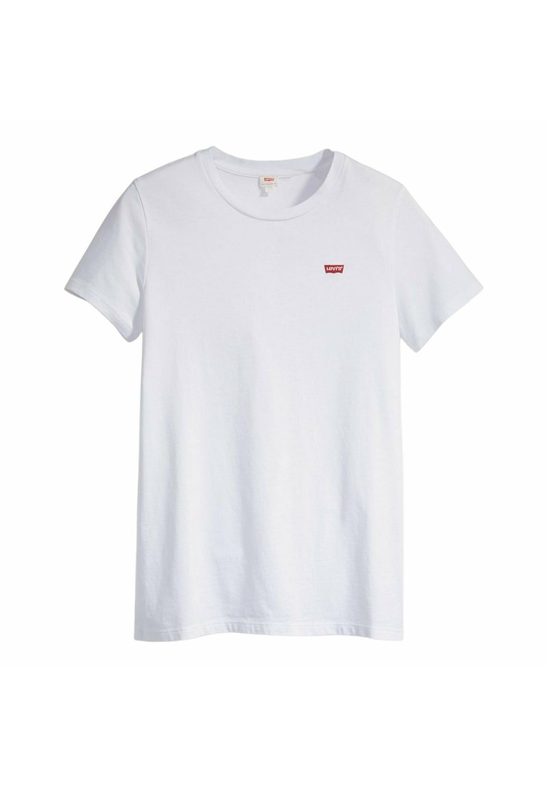 Schlichtes weißes kurzärmeliges Baumwoll-T-Shirt mit rundem Halsausschnitt und kleinem rotem Levi's-Logo auf der linken Brust.
