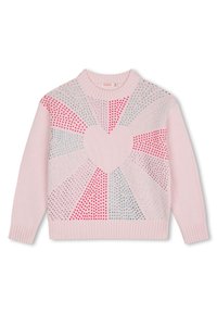 Rosa strikket genser med et hjerte-design i sentrum, med flerfargede prikkete mønstre i rødt, blått og sølv. Ribbestrikkede mansjetter.