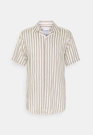 Short-sleeve button-up shirt featuring vertical beige and white stripes, made of lightweight fabric with a collar and five front buttons.