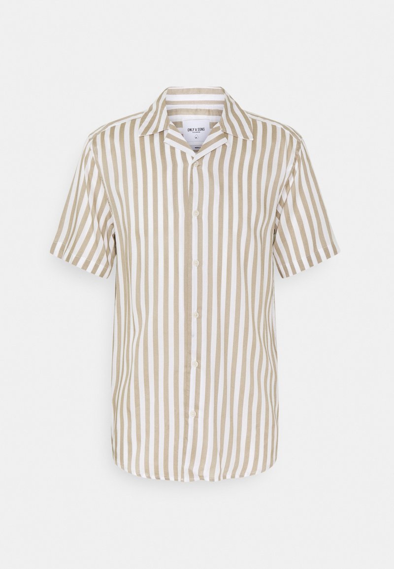 Chemise à manches courtes avec des rayures verticales beiges et blanches, fabriquée en tissu léger, avec un col et cinq boutons à l'avant.