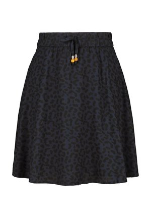 Black leopard print skirt with an elastic waistband, adjustable drawstring, and decorative beads. Smooth texture and A-line shape.