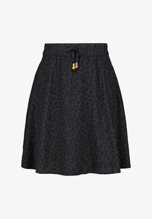 Black leopard print skirt with an elastic waistband, adjustable drawstring, and decorative beads. Smooth texture and A-line shape.