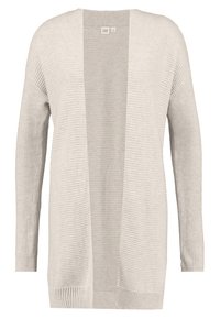 Ljusgrå cardigan med långa ärmar, öppen framsida, ribbad struktur och lös passform. Tillverkad av mjukt stickat material, med vertikalt randigt mönster.