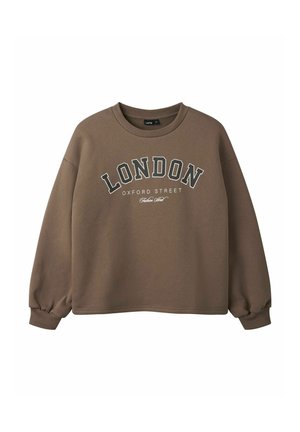 Sweat-shirt marron à manches longues avec "LONDON Oxford Street Fashion Street" imprimé sur le devant et poignets et encolure côtelés.
