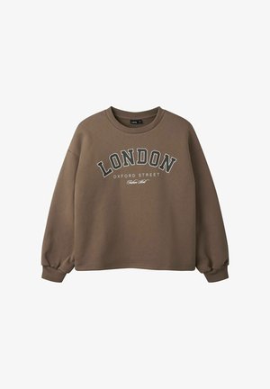 Sweat-shirt marron à manches longues avec "LONDON Oxford Street Fashion Street" imprimé sur le devant et poignets et encolure côtelés.