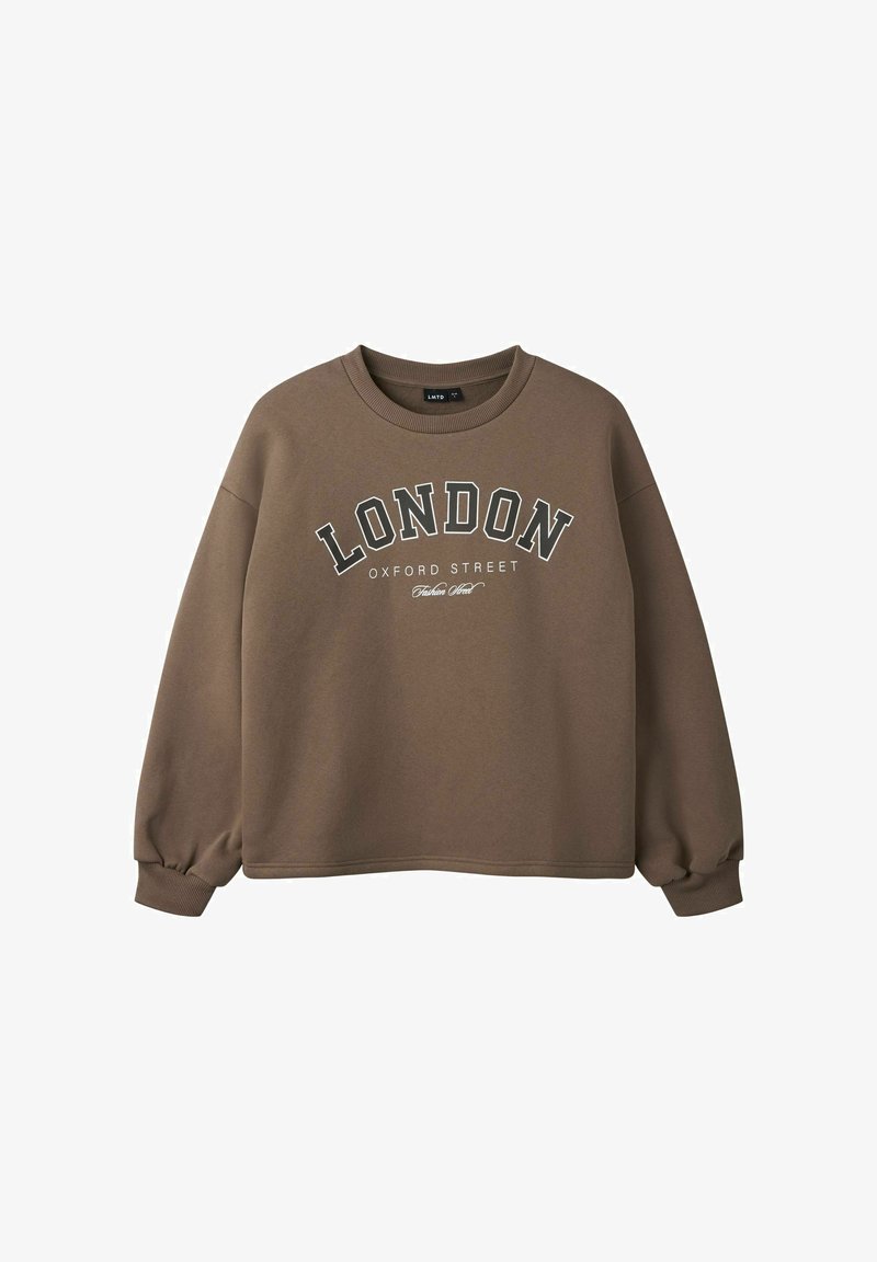 Καφέ μακρυμάνικο φούτερ με το "LONDON Oxford Street Fashion Street" τυπωμένο μπροστά και ριμπ μανσέτες και λαιμόκοψη.