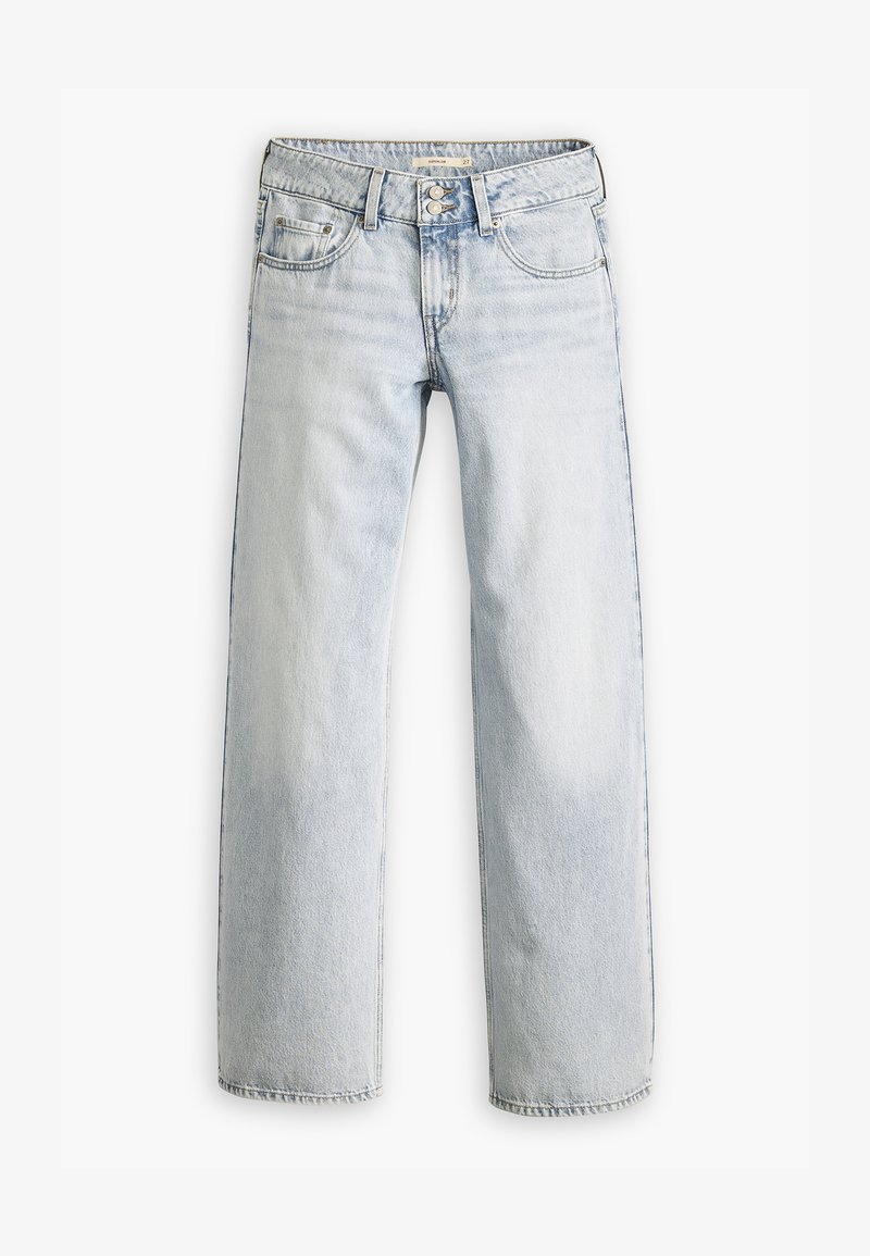 Jeans in denim azzurro chiaro con vestibilità rilassata, vita alta e design a cinque tasche. Presentano dettagli di cucitura e chiusura con bottone.