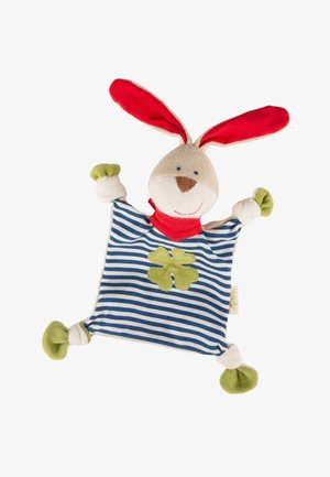 Soft plush hand puppet shaped like a bunny with red ears, blue striped body, red neck scarf, and green paw and foot details.