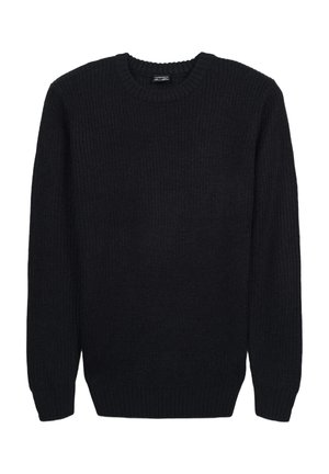 Maglione nero lavorato a maglia con collo rotondo, polsini e orlo a coste. Presenta un tessuto testurizzato e una silhouette dritta.