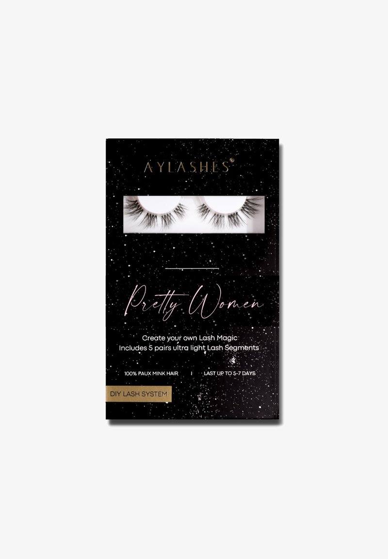 DIY lash kit with five pairs of ultra-light faux mink hair lashes. Black packaging features gold and pink text on a speckled background.